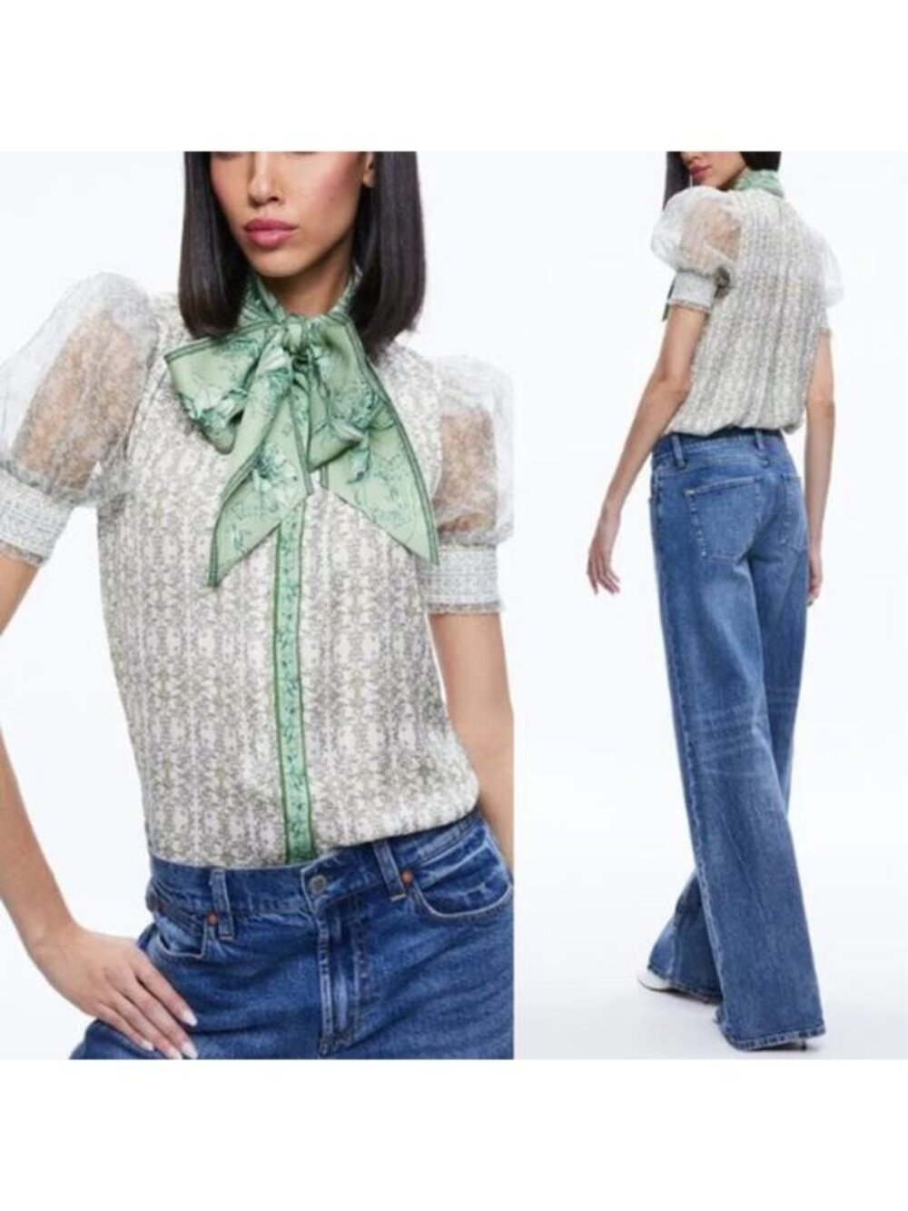 NEW Alice + Olivia Tie Neck Puff Sleeves Floral Print Top Green Size:Extra Small - Picture 8 of 8